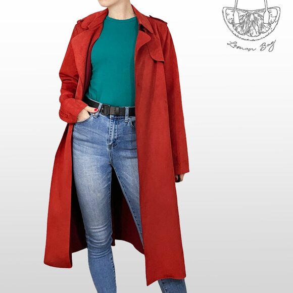 Forever 21 / Midi Wrap Suede Trench Coat / Color Brick Red/ Size S - Picture 3 of 7